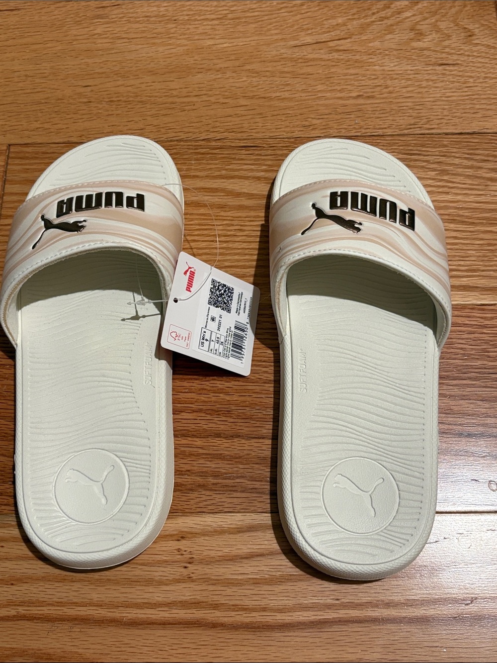 Puma Women’s Cream Slide Sandals with Beige Striped Strap